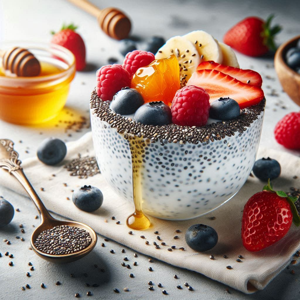 An image showcasing a bowl of yogurt topped with chia seeds, fresh berries, and a drizzle of honey. The visual should highlight the tiny chia seeds prominently, emphasizing their texture and how they integrate seamlessly into a healthy, nutritious meal. The background can include elements like fresh fruits and a spoon, suggesting the simplicity of adding chia seeds to everyday dishes.